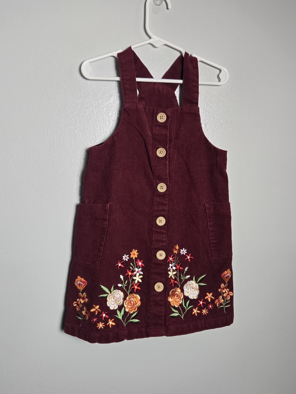 Blueberry Boulevard Burgundy Corduroy Floral Embroidered Pinafore Dress Size 5